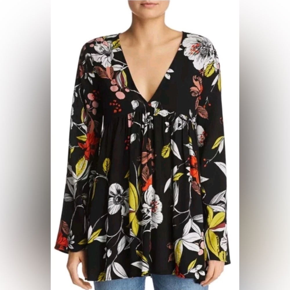 Free People Bella Floral Print Tunic Mini Dress Black Orange Yellow Boho Flowy